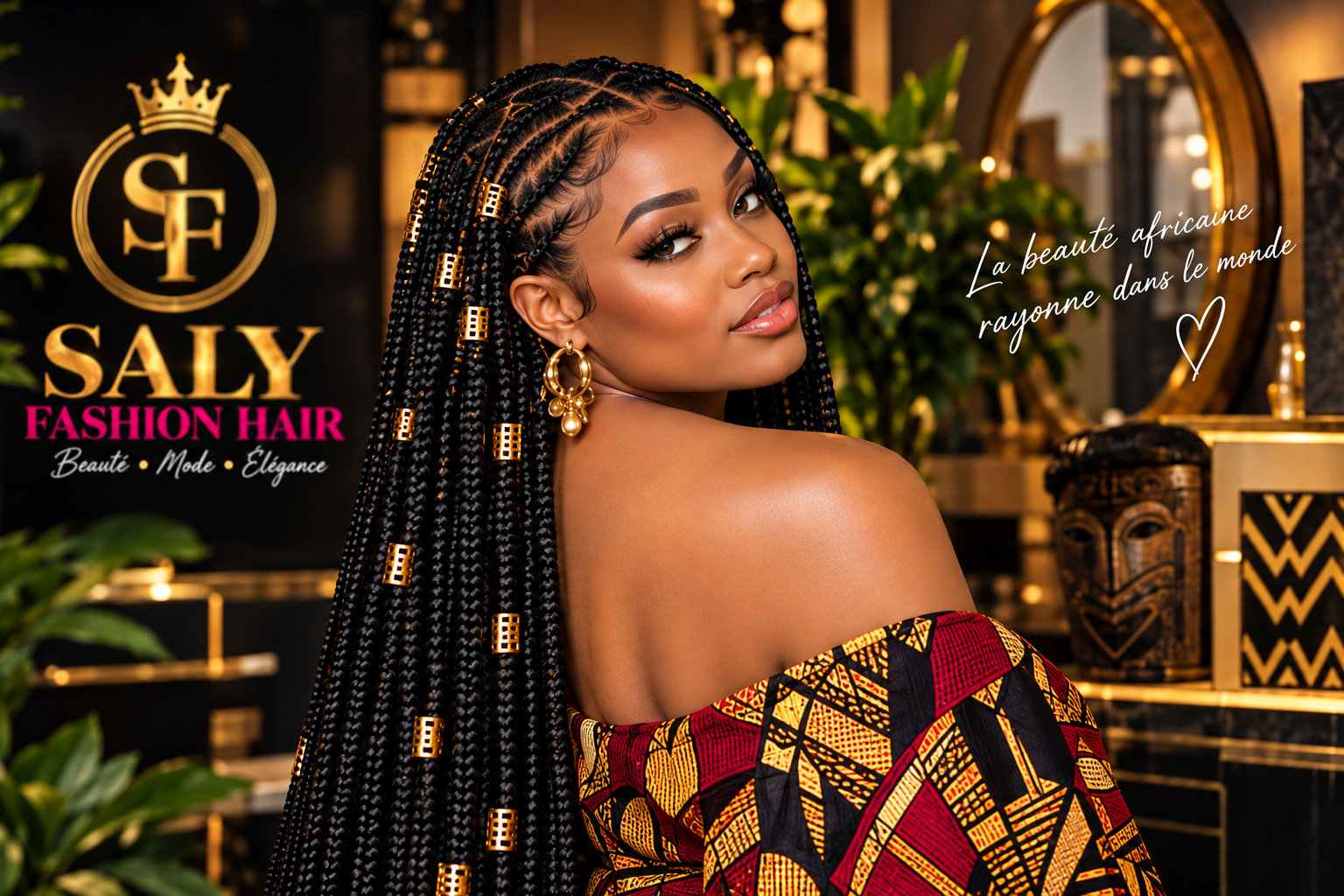 Tresses africaines élégantes avec accessoires dorés
